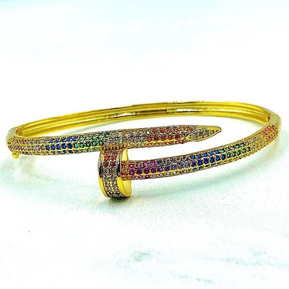 Gold Nail Multicolor Zircon Bangle Screw Tack Bracelet - Picture 7 of 7
